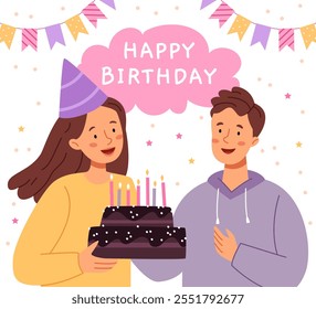 A girl and a boy hold a birthday cake. Festive atmosphere, confetti and garland.