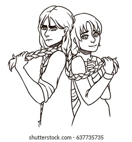 A girl and a boy hold each other by the hair braided in braids, black and white
