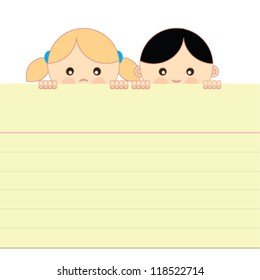 Girl and boy holding a blank lined paper sheet. Vector illustration.