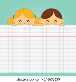 Girl and boy holding a blank squared paper sheet. Vector illustration.