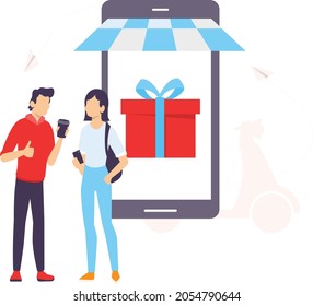 girl and boy holding coffee cup talking with each other and order gifts on online store .