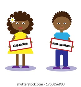 Girl and boy holding a placards. Protest against racism and discrimination towards African American people. Stop racism concept. Vector flat illustration.
