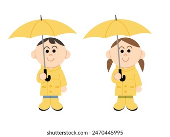 A girl and a boy are holding yellow umbrellas. They are wearing yellow raincoats and yellow rain boots. Flat vector character. 