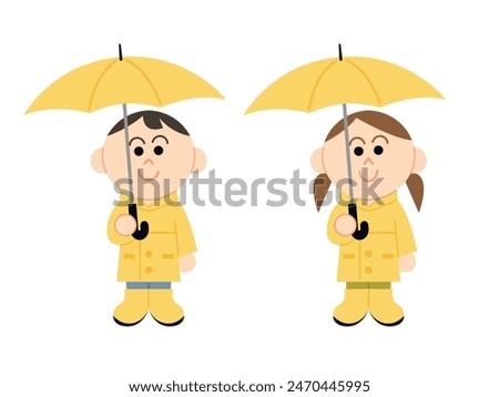 A girl and a boy are holding yellow umbrellas. They are wearing yellow raincoats and yellow rain boots. Flat vector character. 