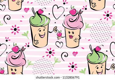 Girl and boy ice cream character and cherry, pink stripes, hearts. The boy gives the cherry to the girl. Seamless black white pink pattern for kids, adult, caffee