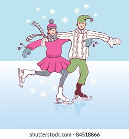 Girl and boy ice skating and having fun in the snow
