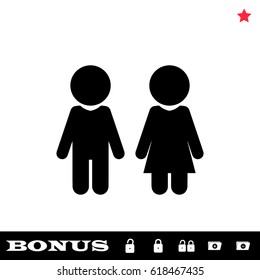 Girl and boy icon flat. Black pictogram on white background. Vector illustration symbol and bonus button open and closed lock, folder, star