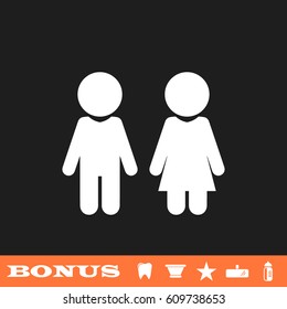 Girl and boy icon flat. White pictogram on black background. Vector illustration symbol and bonus button tooth, vase, star, mirror, bottle
