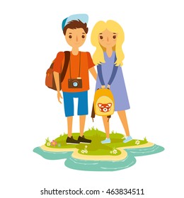 girl and boy isolated on white background. travelers with backpacks. young tourists traveling light