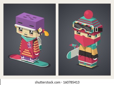 girl and boy isometric character, vector background