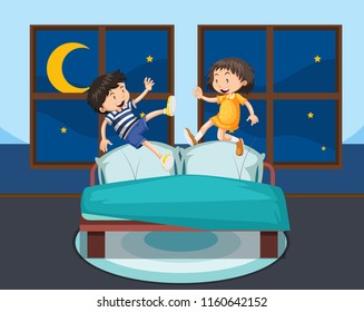 Girl and boy jumping on bed illustration