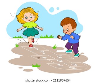 Girl and boy are jumping while playing hopscotch. Vector illustration in cartoon style, black and white lines