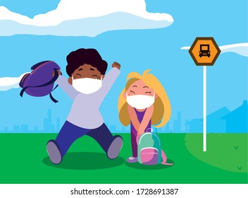 Girl and boy kid cartoon with mask and school bags at bus station design of Covid 19 virus theme Vector illustration