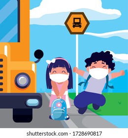 Girl And Boy Kid Cartoon With Masks School Bags And Bus Design Of Covid 19 Virus Theme Vector Illustration