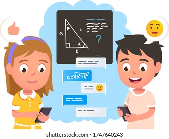 Girl & boy kids chat online solving geometry problem. Children send messages via mobile phone app discussing school homework together. Communication, education & study concept flat vector illustration