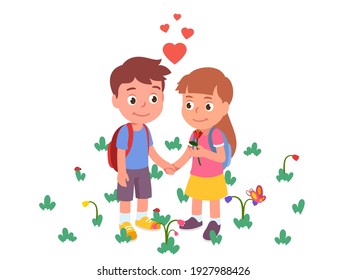 Girl and boy kids couple standing on flower lawn, holding hands looking at each other with love. Children friends characters date. Childhood relationship, feelings romance flat vector illustration