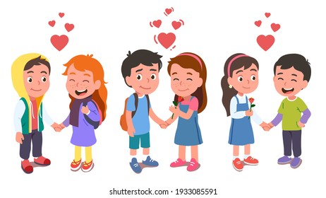 Girl and boy kids couple standing on flower lawn, holding hands looking at each other with love. Children friends characters date. Childhood relationship, feelings romance flat vector illustration