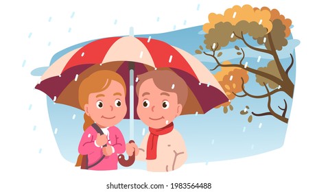 Girl and boy kids couple standing under rain protected by big umbrella smiling at each other. Two people romance relationship. Autumn or spring rainy wet weather. Flat vector character illustration