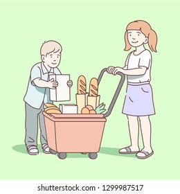 Girl and boy kids gathering groceries using supermarket shopping cart. Children customers with purchases in grocery shop. Family shopping. Kids buying food flat line vector illustration