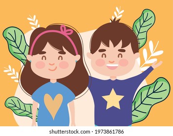 Girl and boy kids with leaves