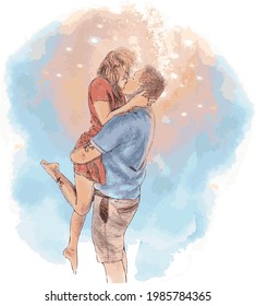 A girl and a boy kissing illustration on a white background