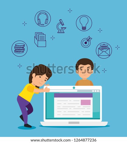 girl and boy with laptop digital document knowledge
