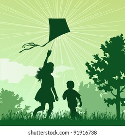 Girl and boy launching a kite in the sky, vector illustration