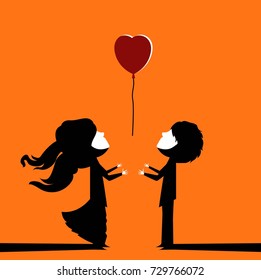 girl and boy letting free a heart love balloon