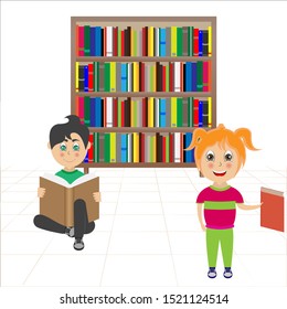 girl and boy in the library - vector