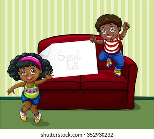 Girl and boy in living room illustration