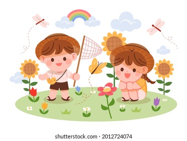 A girl and a boy look at butterflies and flowers in a flower garden. Kindergarten nature learning concept vector illustration.