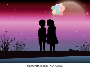 The girl and boy looked at beautiful moonlight. Vector illustrations