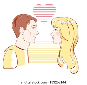 Girl and boy looking at each other and the heart between them.Vector
