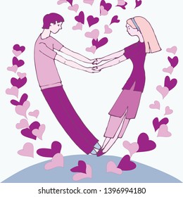 girl and boy love each other. their bodies form a heart shape. vector. cartoon style