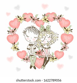 A girl and a boy in love sit in a large heart of flowers. Vector.