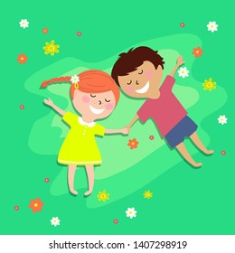 girl and boy lying on the grass, vector cartoon illustration