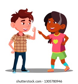 Girl And Boy Makes Fingers Appointment Vector. Isolated Illustration