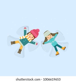 Girl And Boy Making A Snow Angel. Flat Vector Illustration