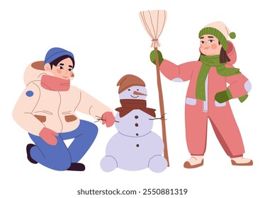 Garota e um menino estão fazendo um boneco de neve ao ar livre no inverno. Namorada completa com uma vassoura. Um amigo está construindo um boneco de neve. Ilustração de vetor plano, eps10