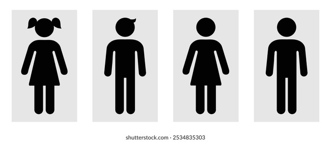 Menina ou menino, homem e mulher silhueta vetor ícone set. Pictogramas da porta do banheiro. Mulher e homem público vetor vaso sanitário sinais, feminino e masculino higiene washrooms símbolos. Ilustração vetorial.