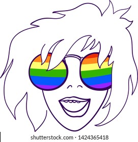 A girl or boy (man or woman) wearing sun glasses with rainbow Pride flag glasses, for the LGBT Pride month of June and the gay prides taking part in summer.