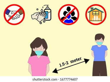 Girl and boy with mask 4 steps to prevent covid-19 virus. 1 Don't shake hand. 2 wash your hand with soap or alcohol jells. 3 Don't go to the place that crowd of people. 4 Stay Home. social distancing
