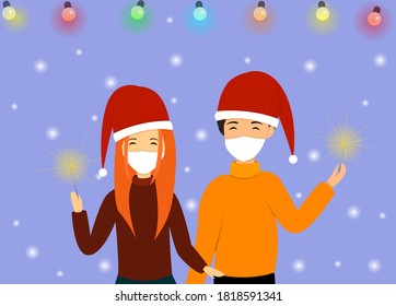 A girl and a boy in masks are holding sparklers. Happy New Year. New year 2021. New year in the coronavirus epidemic. Christmas garland. Festive mood. Snow background.