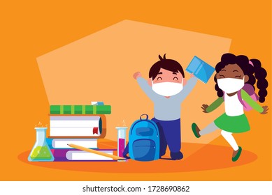Girl and boy with masks school books and bags design of Covid 19 virus theme Vector illustration