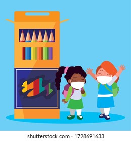 Girl and boy with masks school books and bags design of Covid 19 virus theme Vector illustration