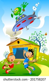 girl and boy meet the spacecraft with aliens