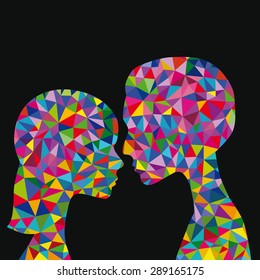 girl and boy mosaic love silhouette on black background. eps 10