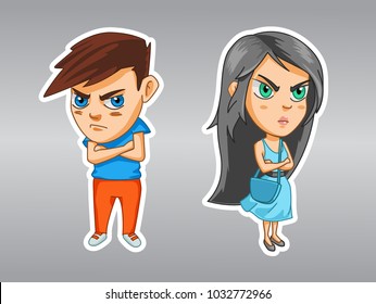 Girl and boy are offended after the quarrel, crossed their arms over their chests, cartoon stickers with emotions