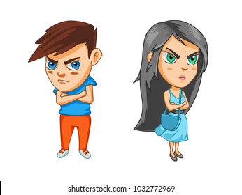 Girl and boy are offended after the quarrel, crossed their arms over their chests, cartoon stickers with emotions