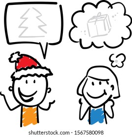 Girl and boy office workers in new year hat, talking with speech bubbles about merry christmas. Hand drawn doodle line art cartoon design character - isolated vector illustration outline of woman man